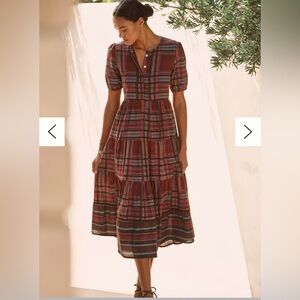 Anthropologie Ro's Garden Daphne Short-Sleeve Midi Dress Small Red Pattern NWT